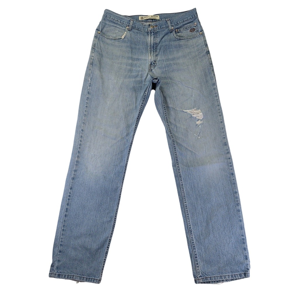 Harley Davidson Mens 36x34 Distressed Straight Leg Jeans Light Wash Blue 11/04